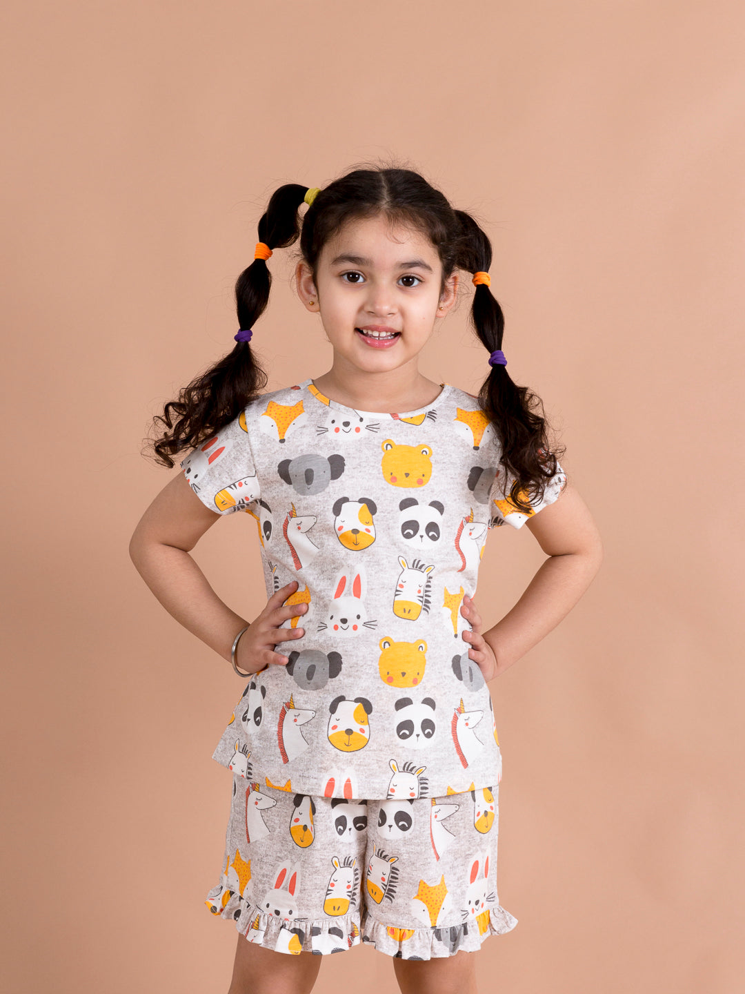 Girls Grey Yellow Printed Night Suit - Mini Marvels - Distacart