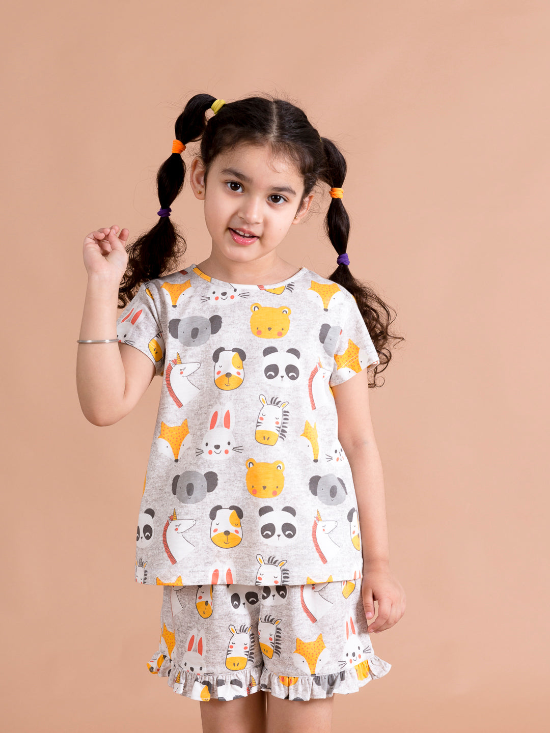 Girls Grey Yellow Printed Night Suit - Mini Marvels - Distacart