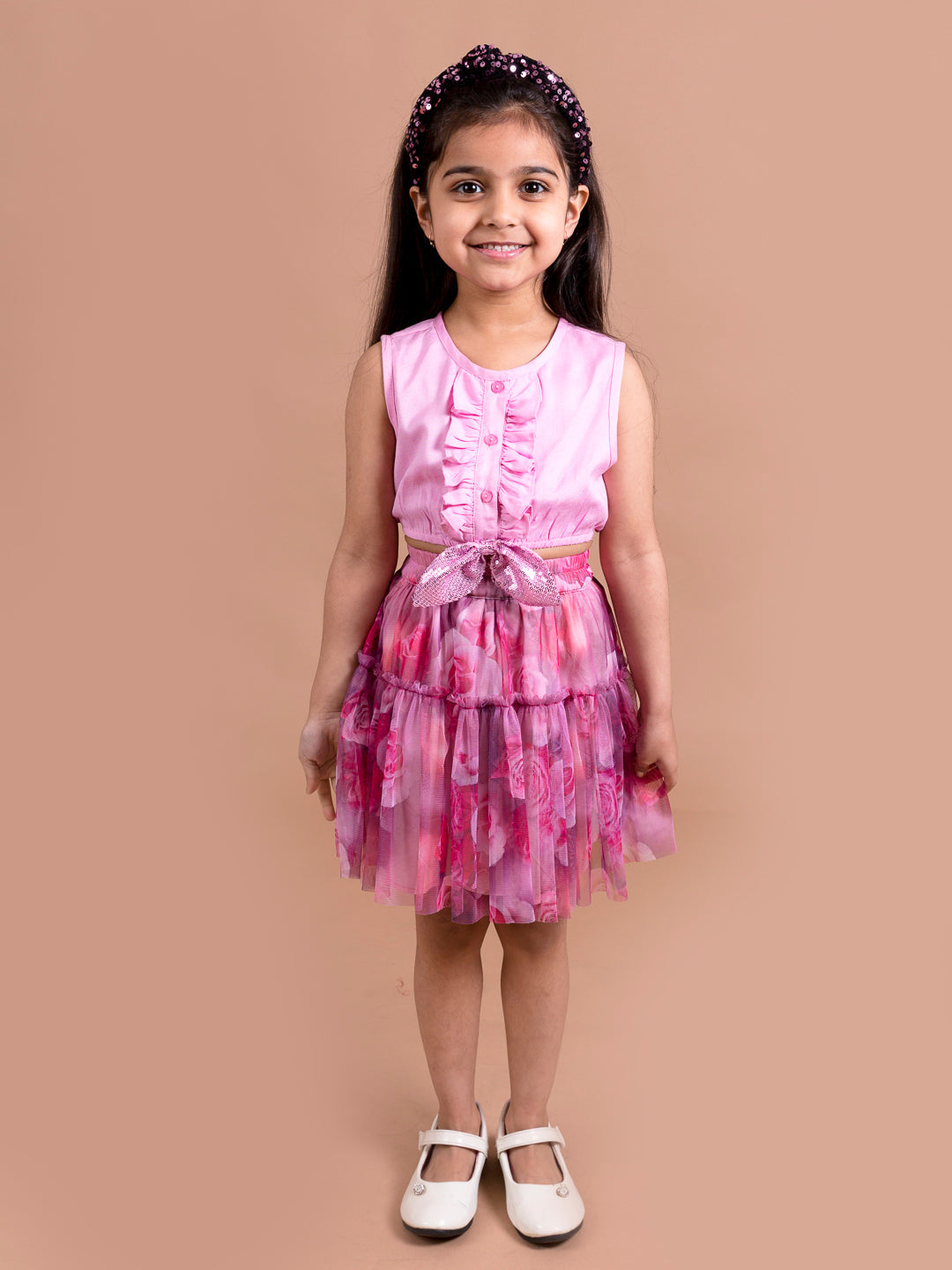Girls Pink Purple Printed Top With Skirt - Mini Marvels - Distacart