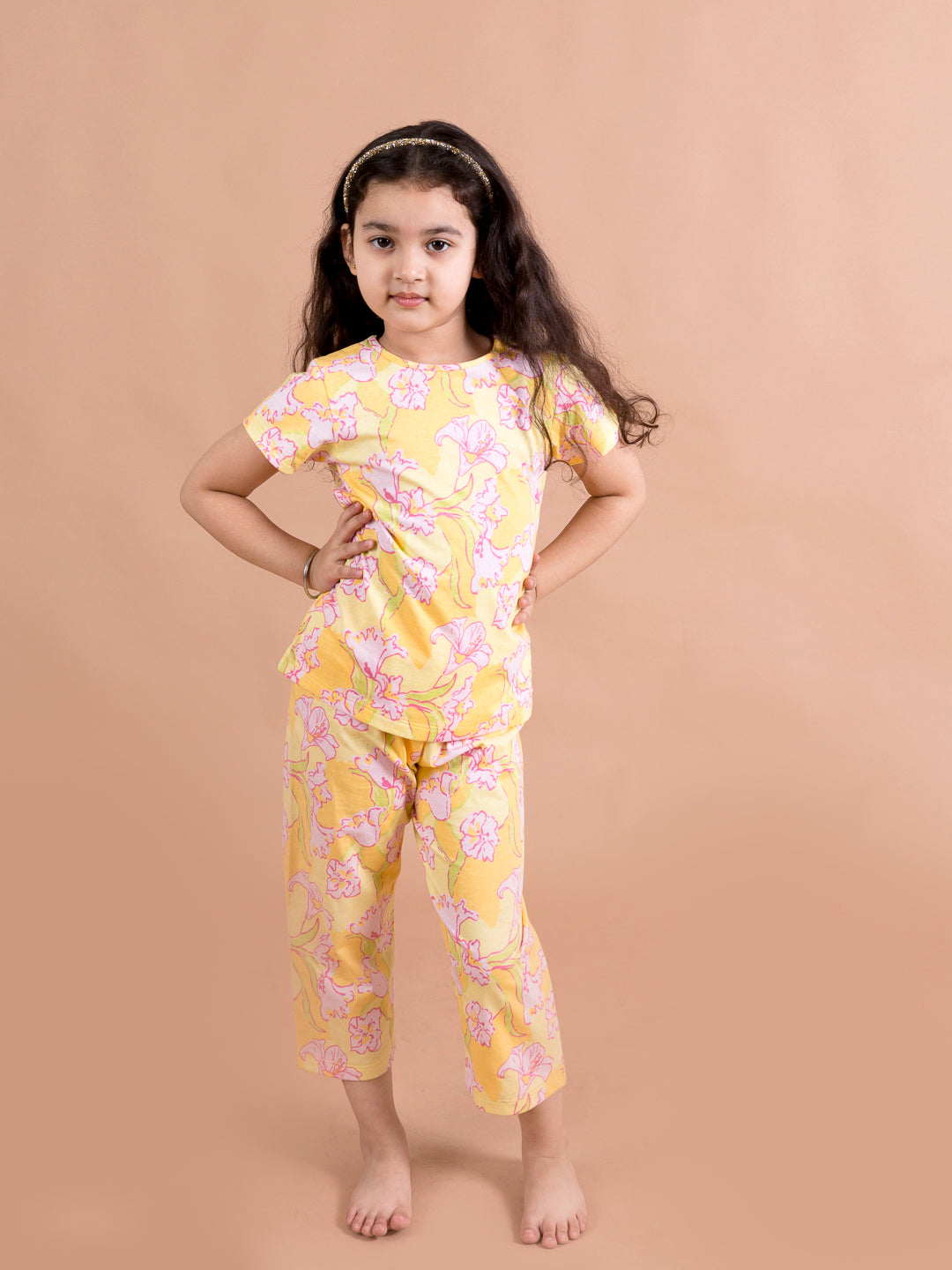 Girls Yellow Pink Floral Printed Cotton Night Suit - Mini Marvels - Distacart