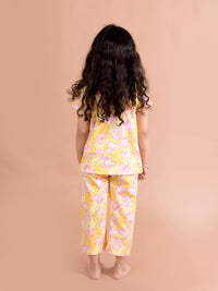 Thumbnail for Girls Yellow Pink Floral Printed Cotton Night Suit - Mini Marvels - Distacart