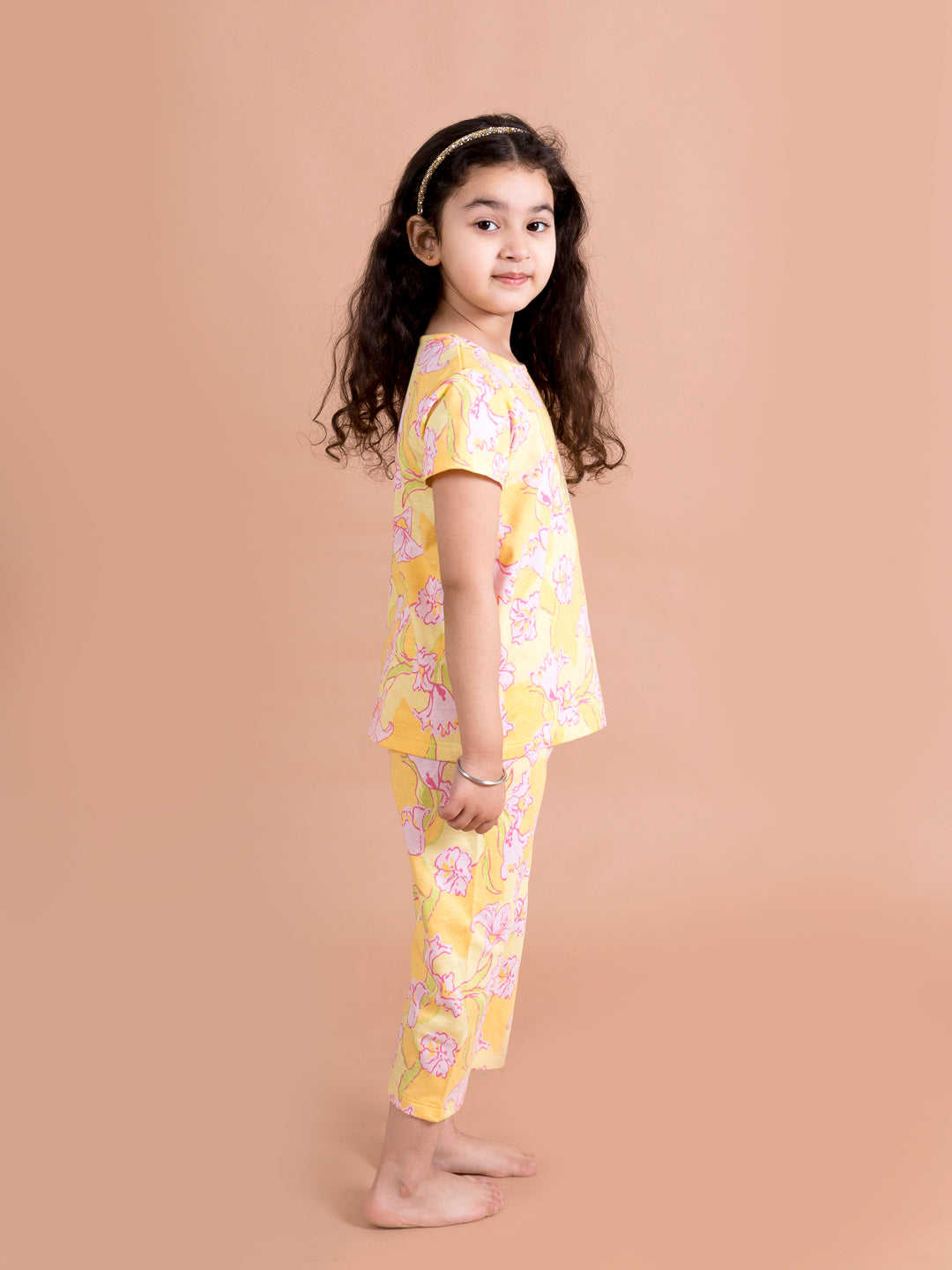 Girls Yellow Pink Floral Printed Cotton Night Suit - Mini Marvels - Distacart