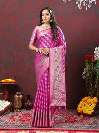 Thumbnail for Lorenvalley Fashion Magenta Soft Silk Woven Design with Zari Weaving Leheriya Design Saree - Distacart
