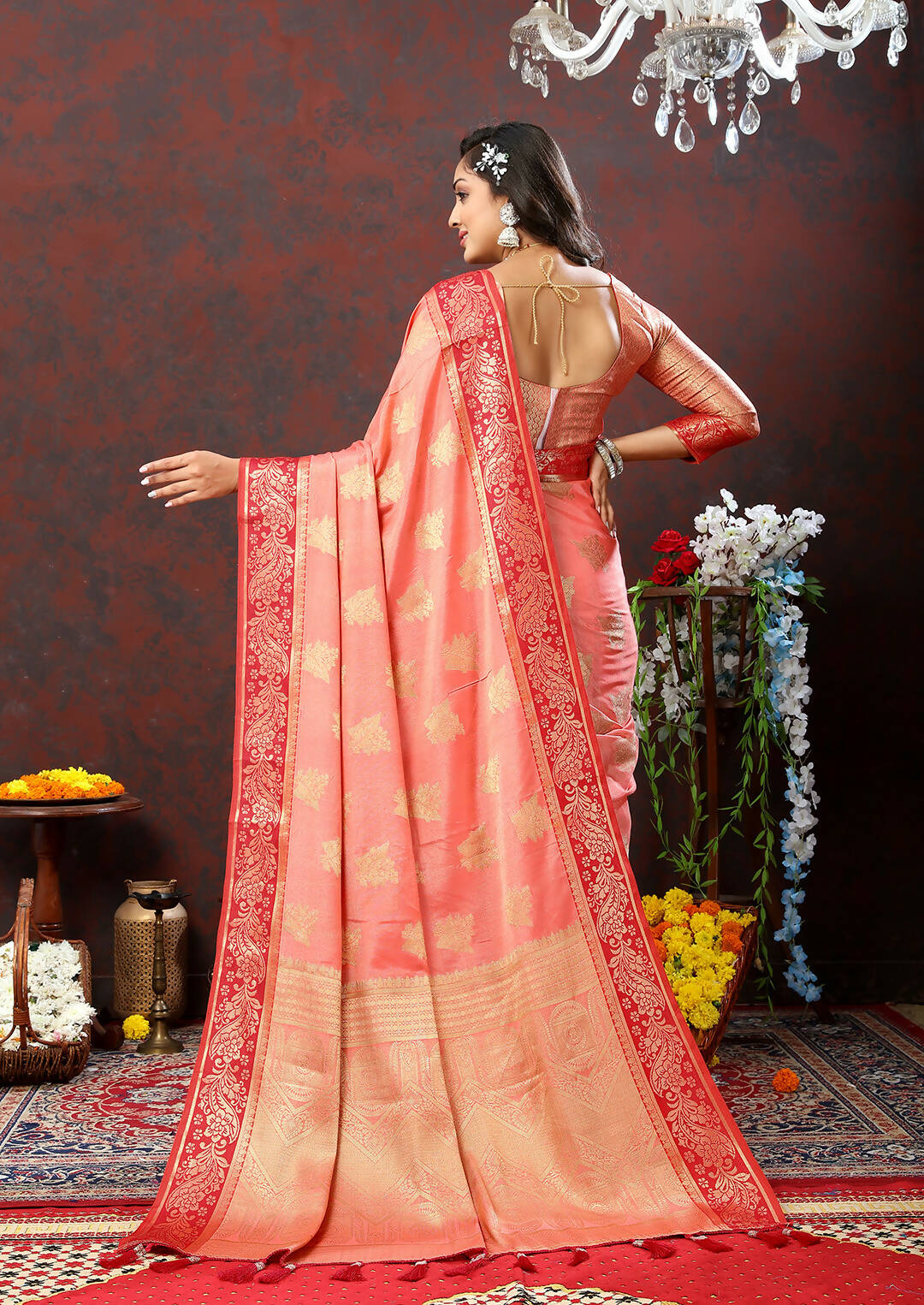 Lorenvalley Fashion Peach Cotton Woven Design with Zari Weaving Design Saree - Distacart