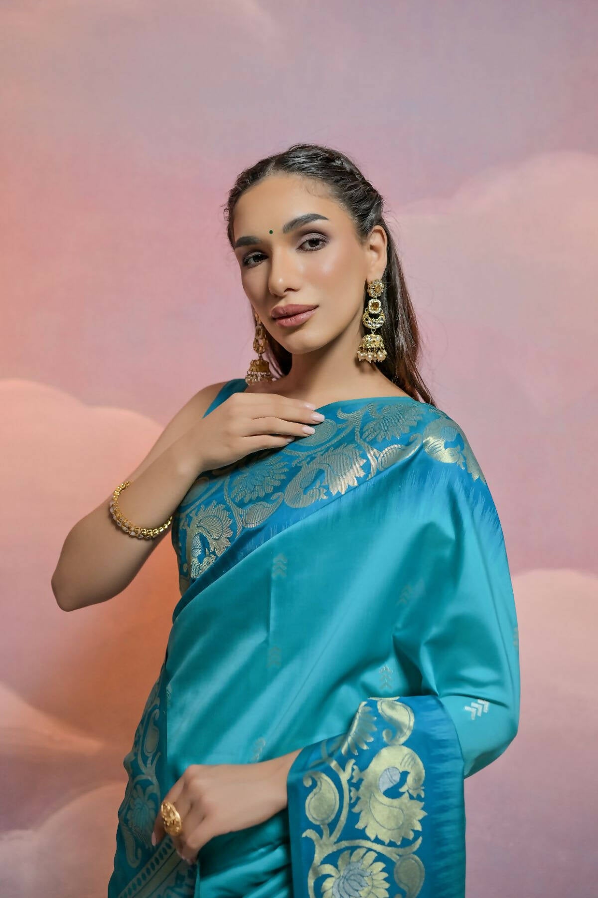 Vishnu Weaves Women's Firozi Soft Silk Zari Woven Saree with Blouse - Distacart