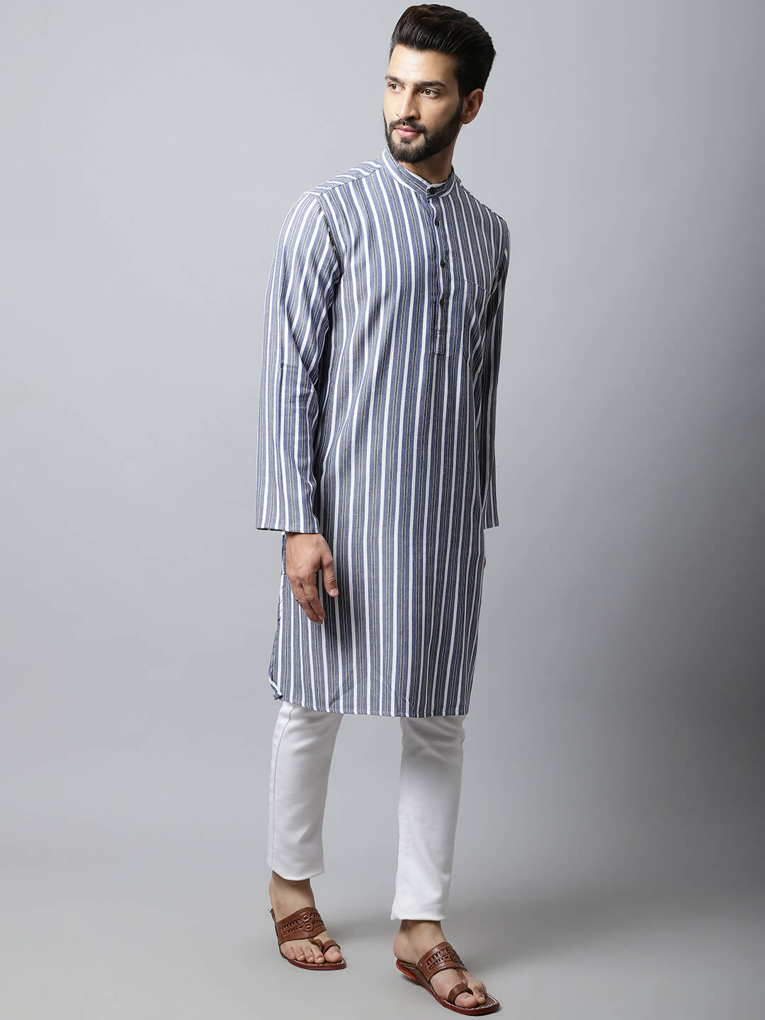Even Apparels Blue Color Pure Cotton Men's Kurta With Band Collar (STR1168) - Distacart