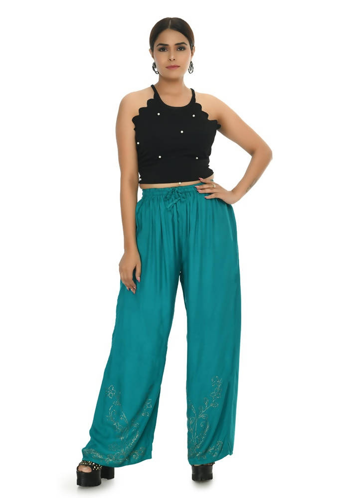 Mominos Fashion Moeza Reyon Cotton Rama Green Color Sirsoki Work Palazzo