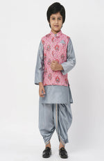 Thumbnail for Lil Drama Raangoli Boys Grey Kurta With Dhotiand Jacket Set - Distacart
