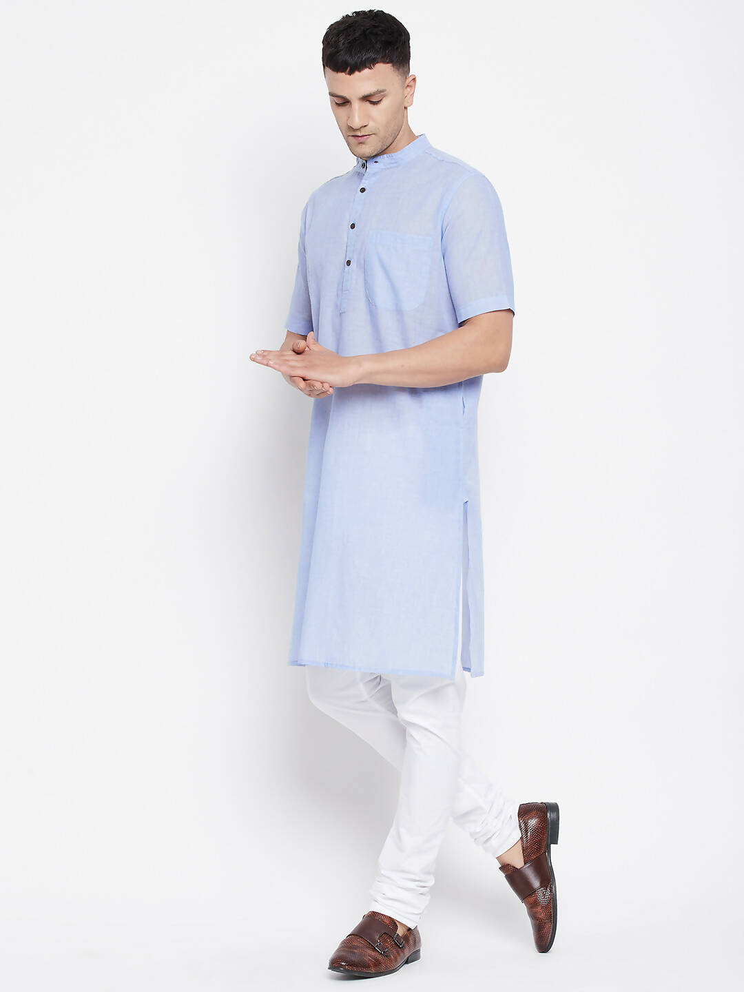 Even Apparels Blue Pure Cotton Men's H/S Kurta With Band Collar - Distacart
