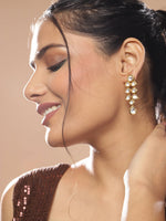 Thumbnail for Gold-Toned White Kundan Contemporary Gold-Plated Drop Earrings - Ruby Raang - Distacart