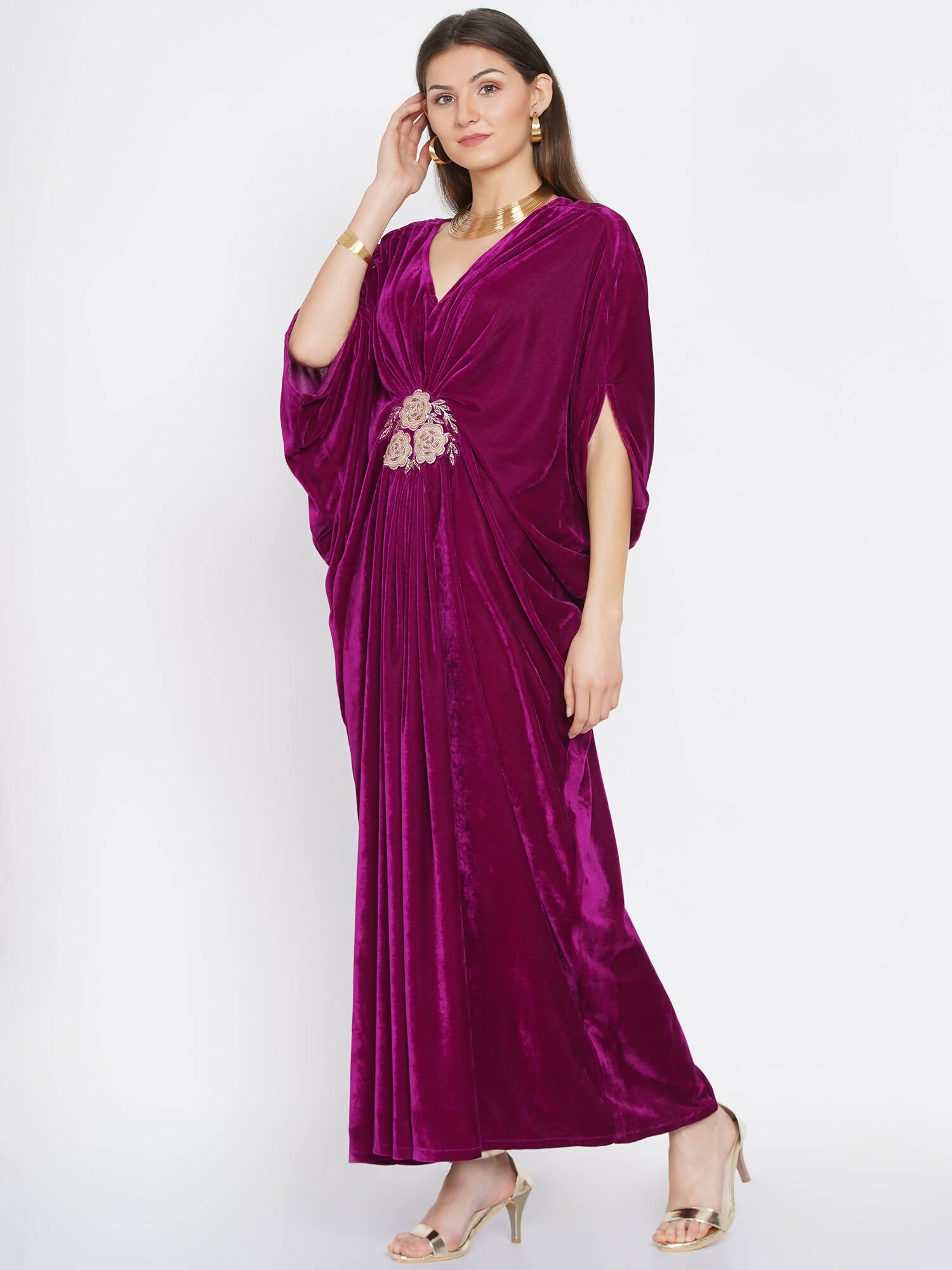 Women Republic Wine Velvet Embroiderd Gown - Distacart