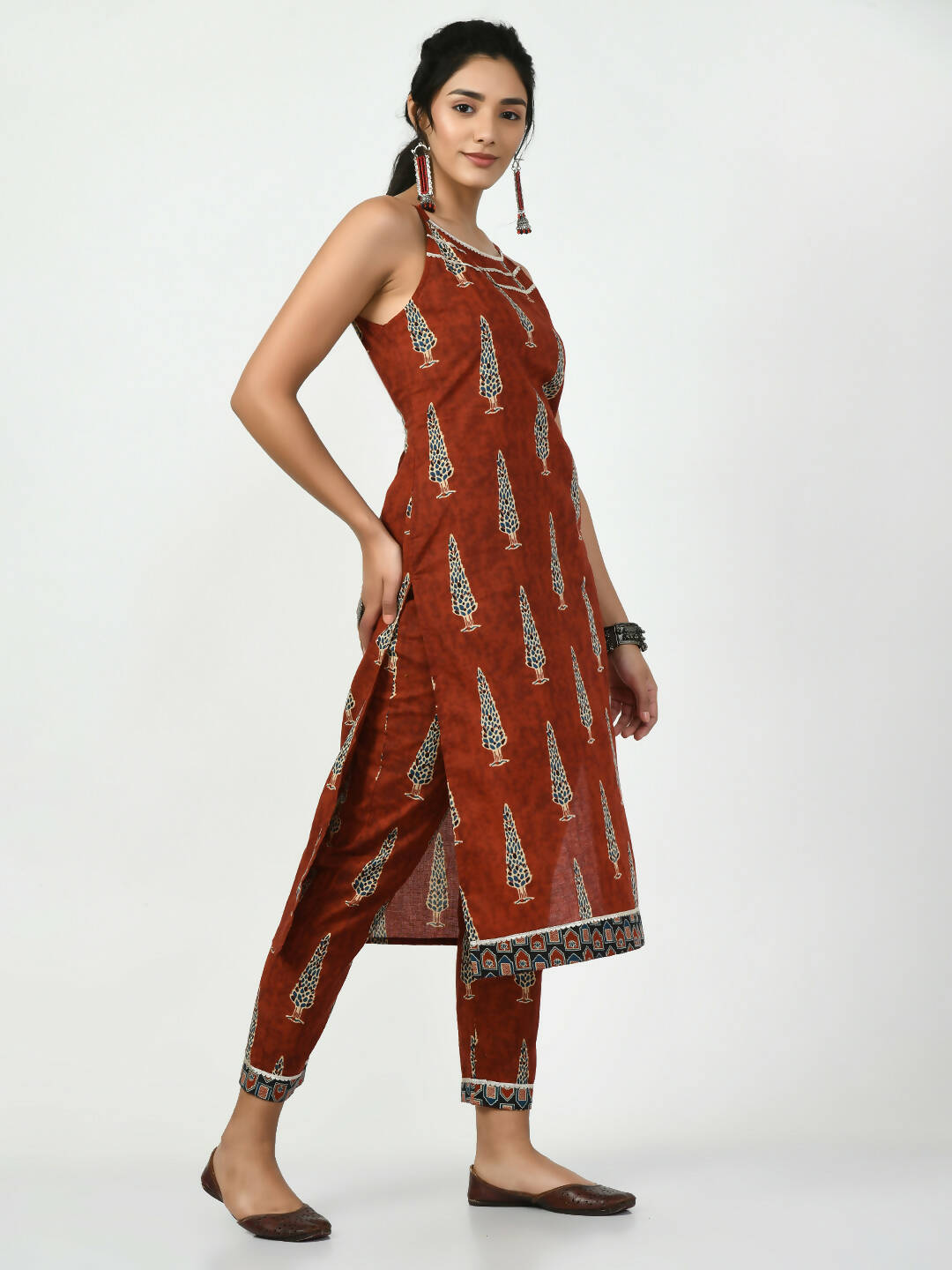 Myshka Women's Rust Printed Kurta With Trouser - Distacart