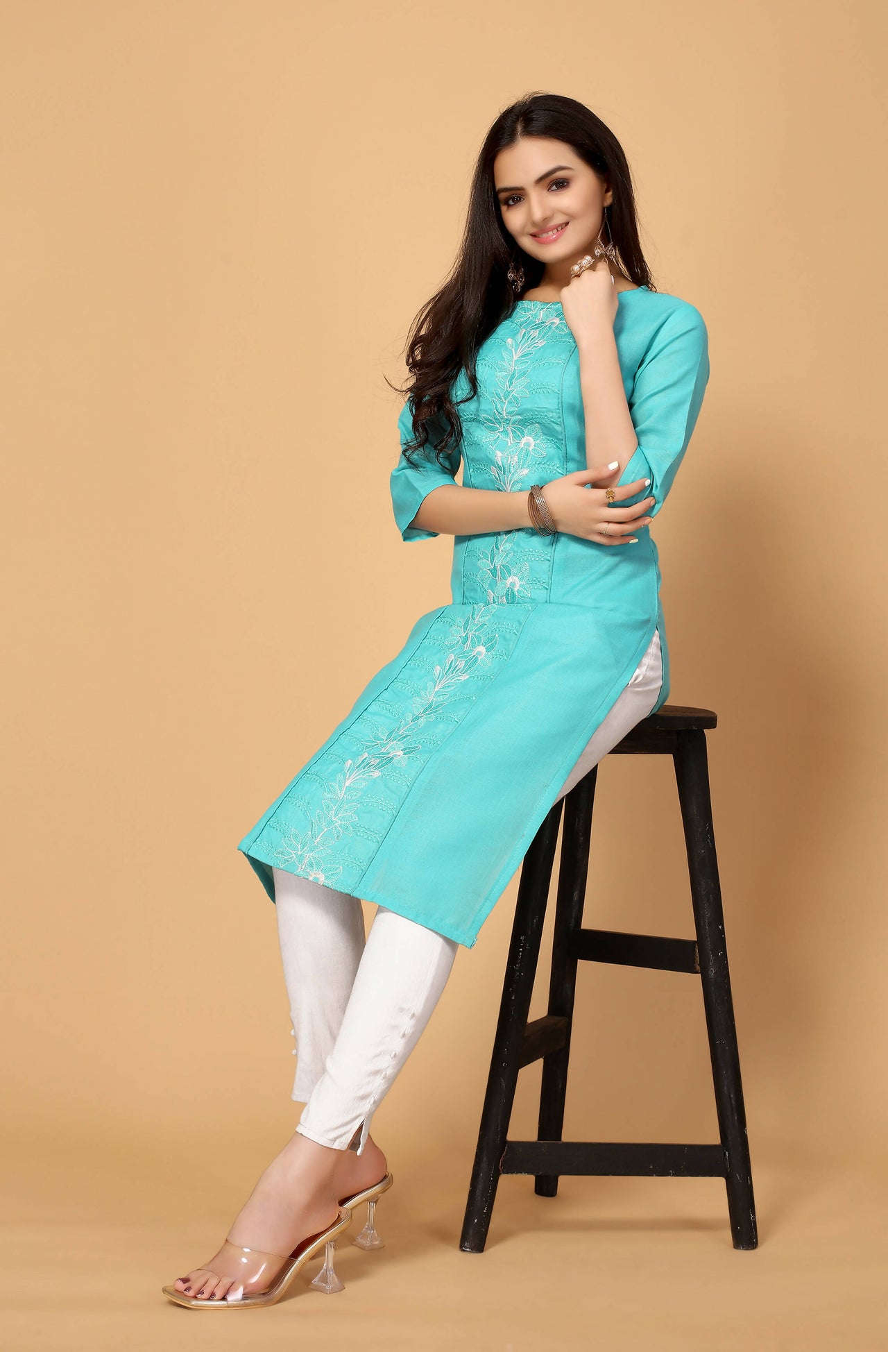 Light Green Cottan Slub Embroidery Kurti - Umi - Distacart
