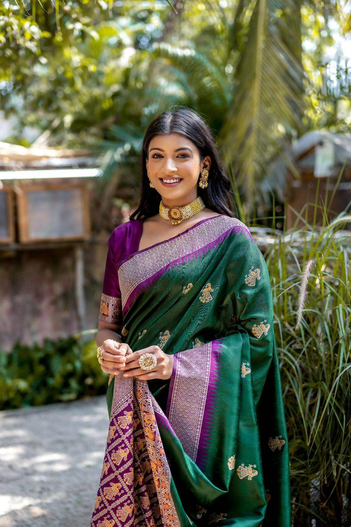 Vishnu Weaves Women's Green Tussar Silk Zari Woven Saree with Blouse - Distacart