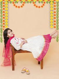 Thumbnail for Girls White Embroidered Anarkali Kurta With Trouser & With Dupatta for Kids - Bhama - Distacart