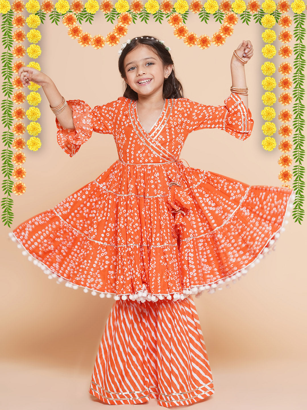 Girls Orange Bandhani Printed With Gotta Patti Lace Kurta With Sharara for Kids - Bhama - Distacart