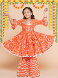 Thumbnail for Girls Orange Bandhani Printed With Gotta Patti Lace Kurta With Sharara for Kids - Bhama - Distacart