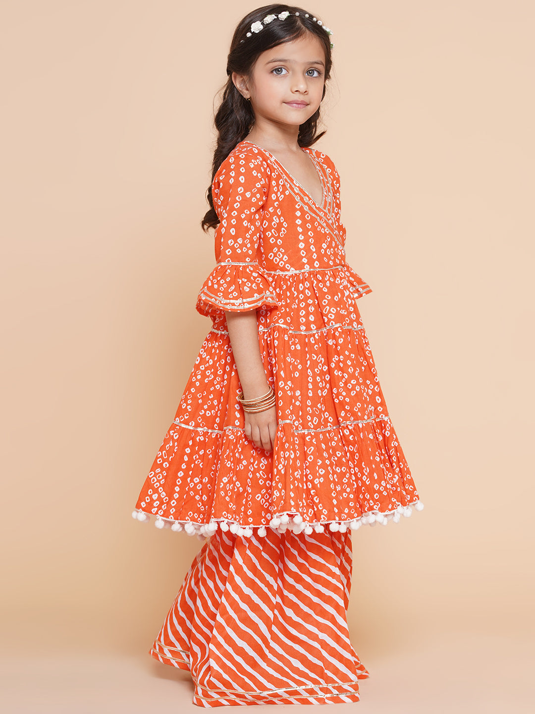 Girls Orange Bandhani Printed With Gotta Patti Lace Kurta With Sharara for Kids - Bhama - Distacart