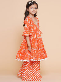 Thumbnail for Girls Orange Bandhani Printed With Gotta Patti Lace Kurta With Sharara for Kids - Bhama - Distacart