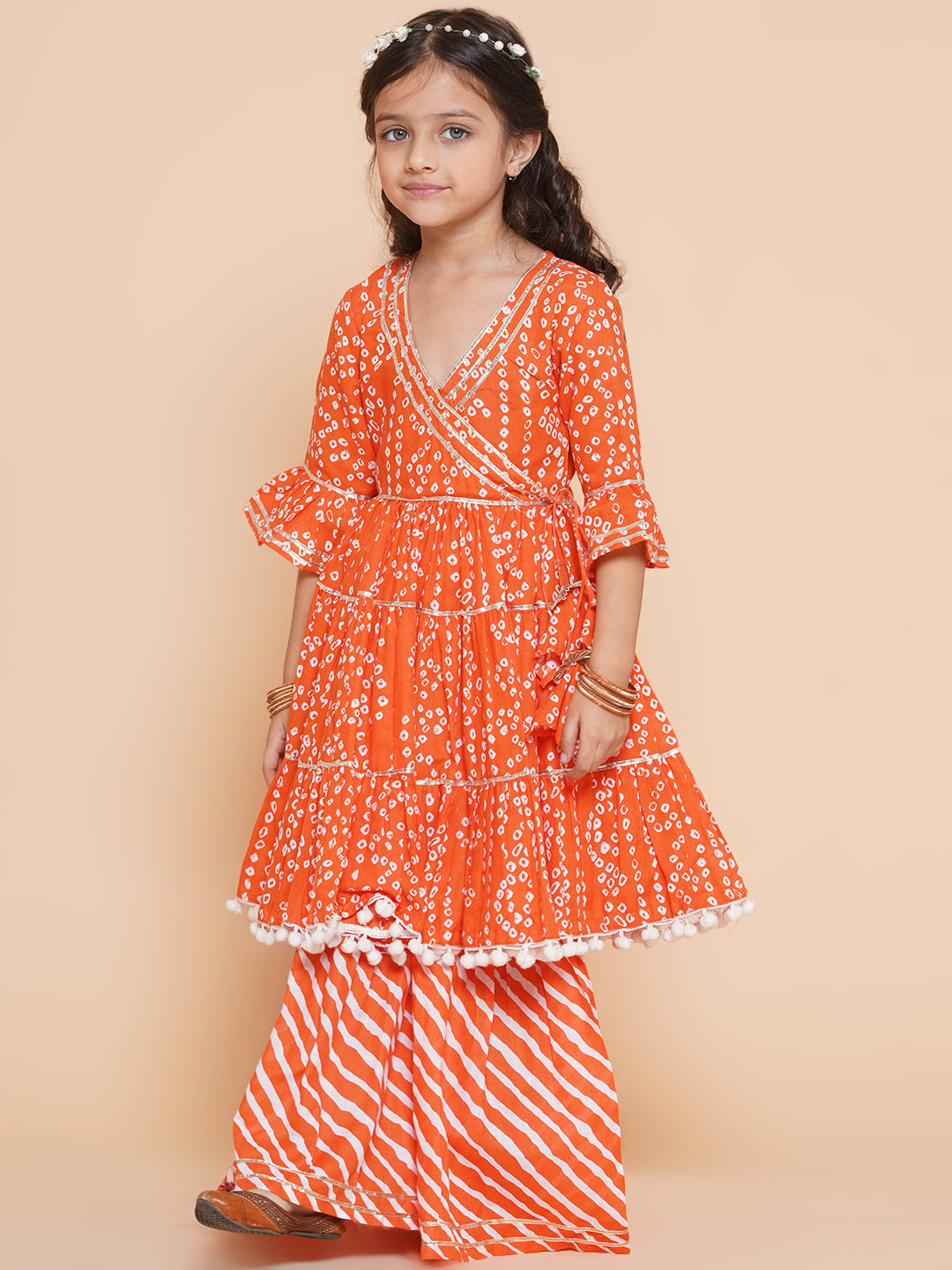 Girls Orange Bandhani Printed With Gotta Patti Lace Kurta With Sharara for Kids - Bhama - Distacart