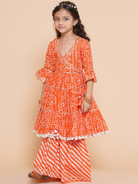 Thumbnail for Girls Orange Bandhani Printed With Gotta Patti Lace Kurta With Sharara for Kids - Bhama - Distacart