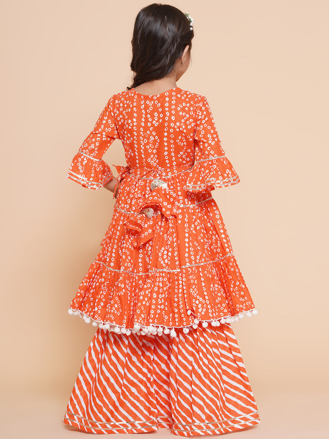 Girls Orange Bandhani Printed With Gotta Patti Lace Kurta With Sharara for Kids - Bhama - Distacart
