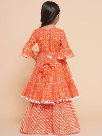 Thumbnail for Girls Orange Bandhani Printed With Gotta Patti Lace Kurta With Sharara for Kids - Bhama - Distacart