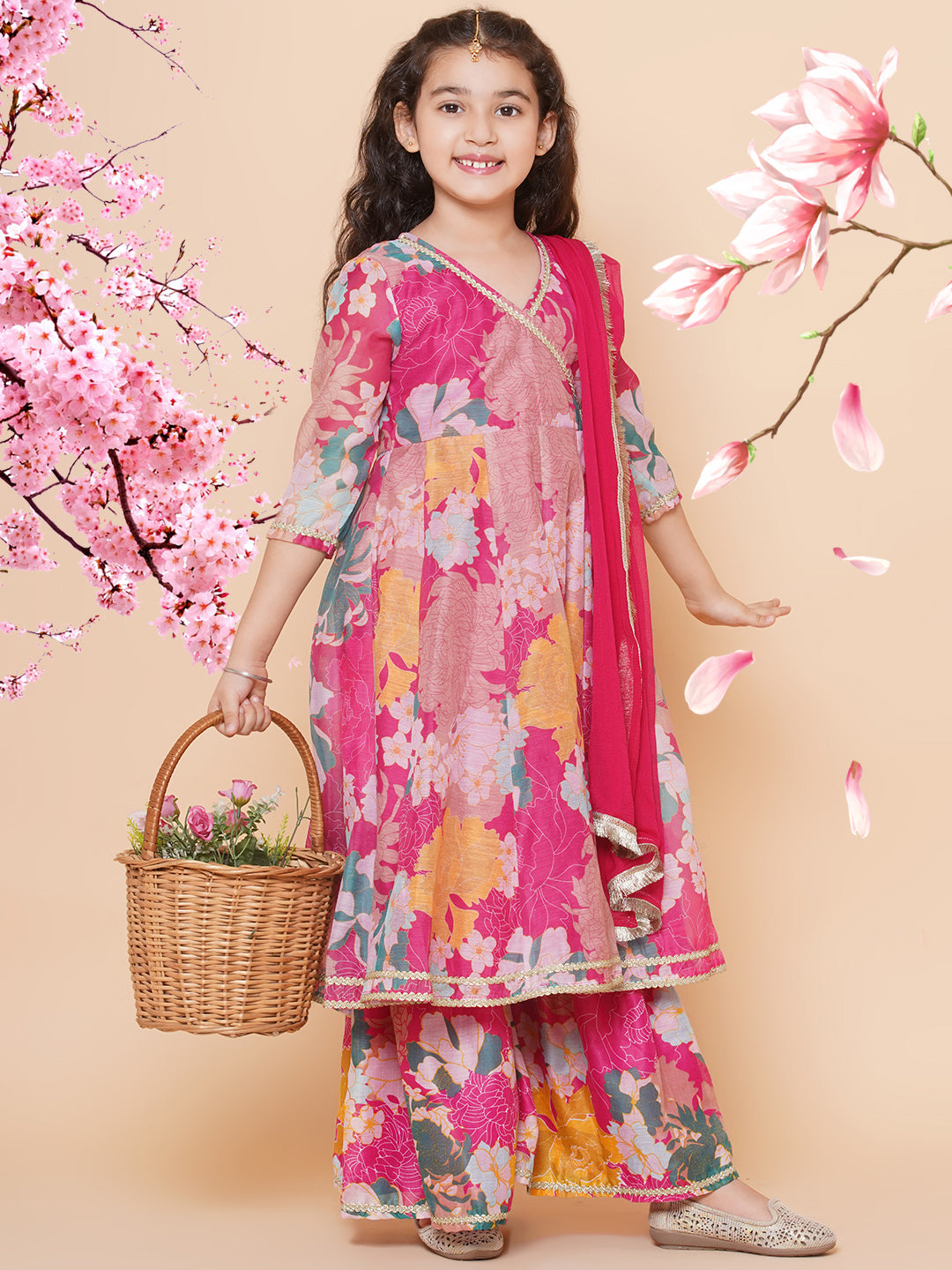 Girls Pink Floral Printed Angrakha Gotta Patti Kurta & Sharara set With Dupatta for Kids - Bhama - Distacart