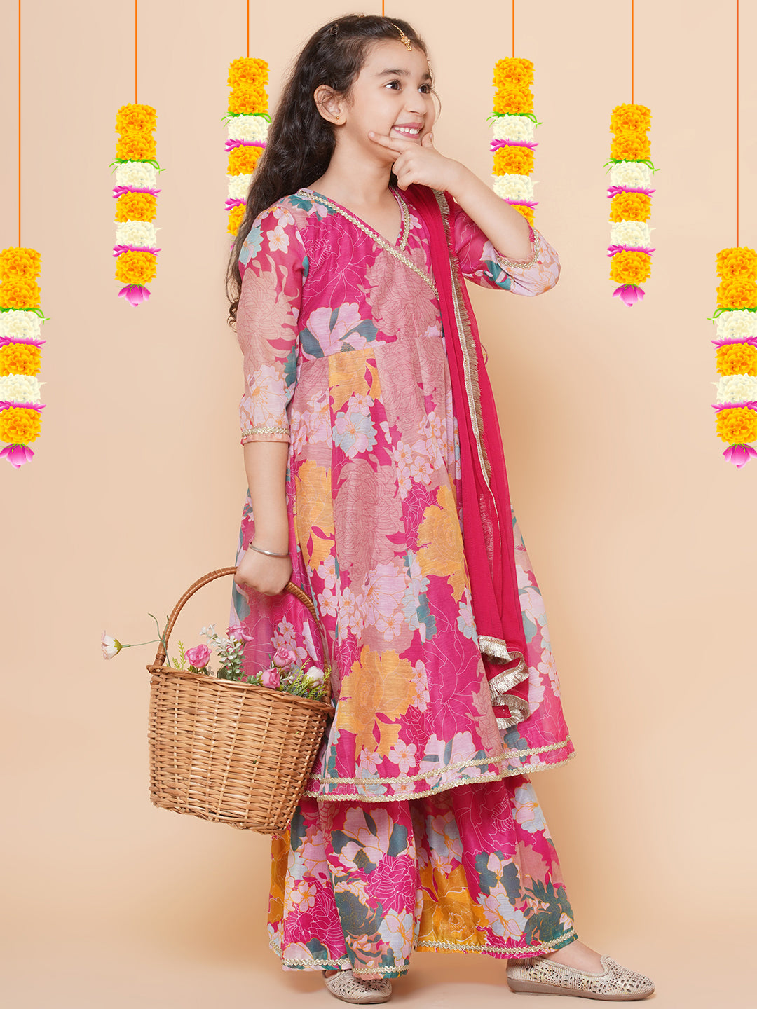 Girls Pink Floral Printed Angrakha Gotta Patti Kurta & Sharara set With Dupatta for Kids - Bhama - Distacart