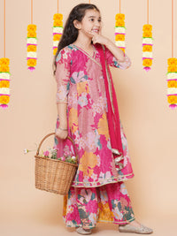 Thumbnail for Girls Pink Floral Printed Angrakha Gotta Patti Kurta & Sharara set With Dupatta for Kids - Bhama - Distacart