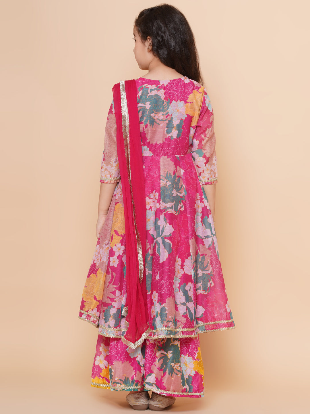 Girls Pink Floral Printed Angrakha Gotta Patti Kurta & Sharara set With Dupatta for Kids - Bhama - Distacart