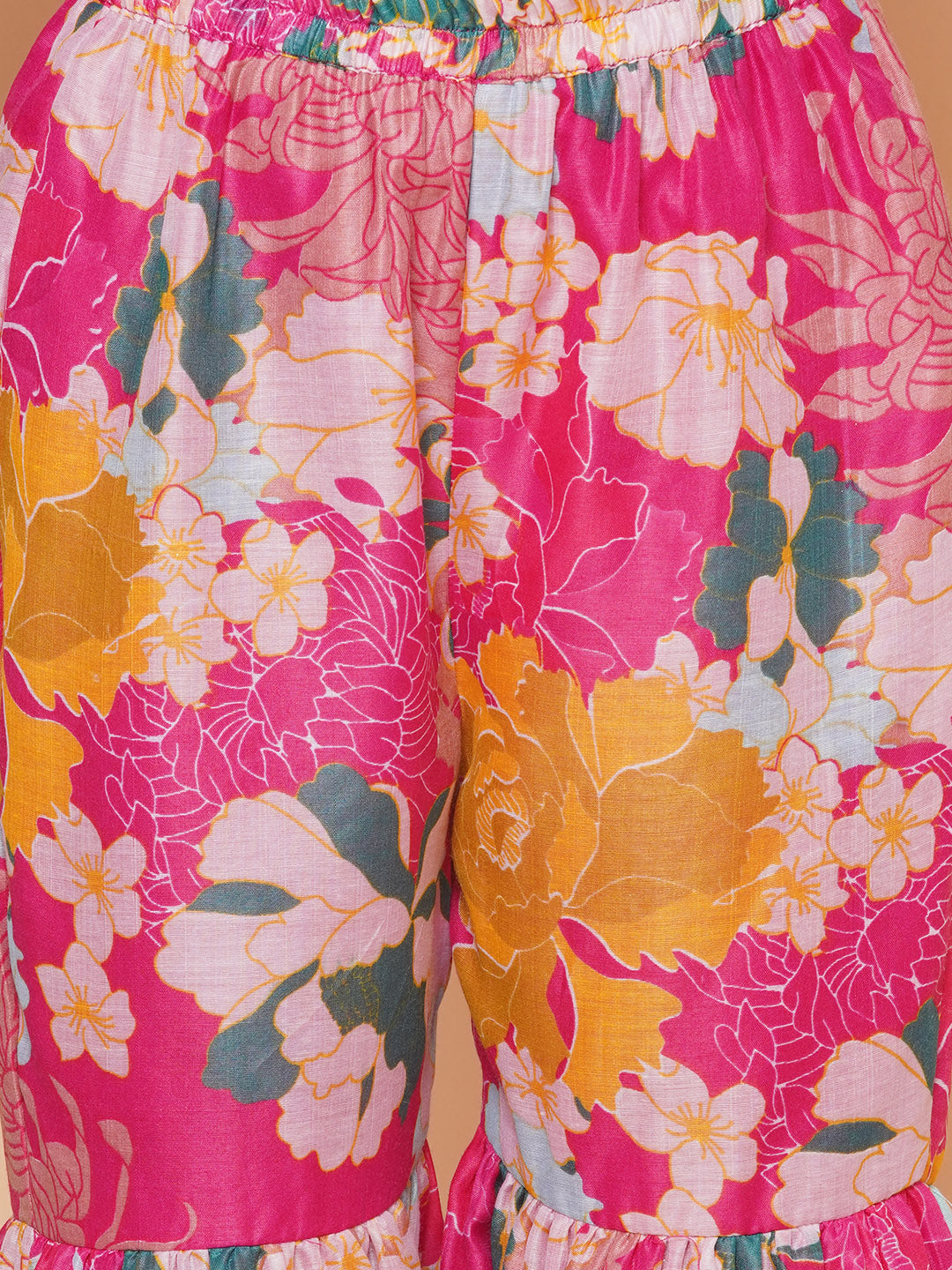Girls Pink Floral Printed Angrakha Gotta Patti Kurta & Sharara set With Dupatta for Kids - Bhama - Distacart