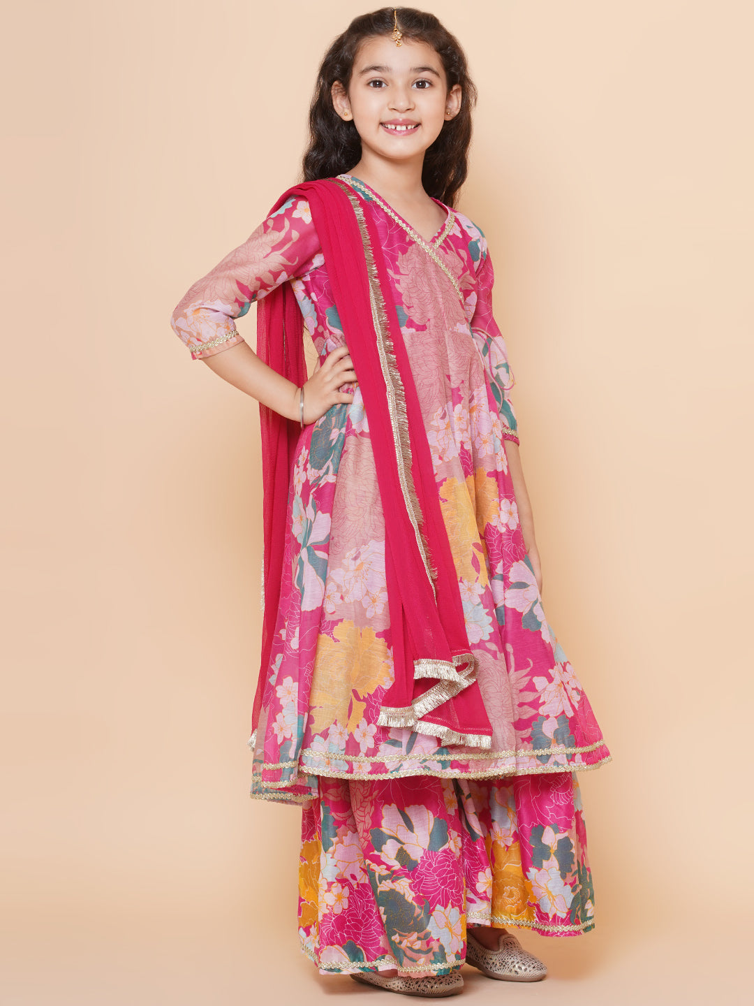 Girls Pink Floral Printed Angrakha Gotta Patti Kurta & Sharara set With Dupatta for Kids - Bhama - Distacart