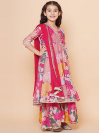 Thumbnail for Girls Pink Floral Printed Angrakha Gotta Patti Kurta & Sharara set With Dupatta for Kids - Bhama - Distacart