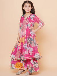 Thumbnail for Girls Pink Floral Printed Angrakha Gotta Patti Kurta & Sharara set With Dupatta for Kids - Bhama - Distacart