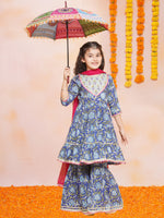 Thumbnail for Girls Blue Floral Printed Round- Neck Kurta with Sharara with Dupatta for Kids - Bhama - Distacart