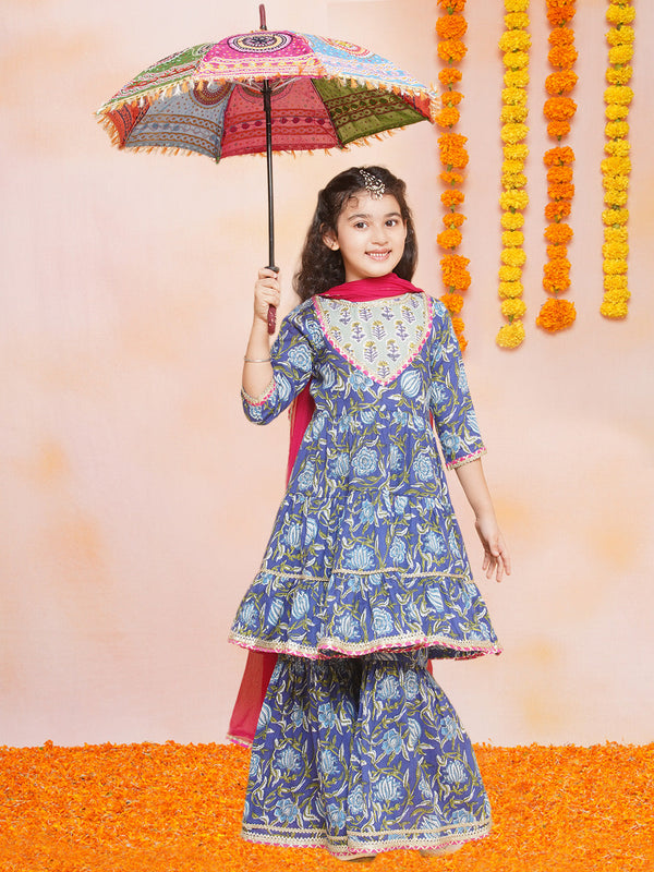 Girls Blue Floral Printed Round- Neck Kurta with Sharara with Dupatta for Kids - Bhama - Distacart