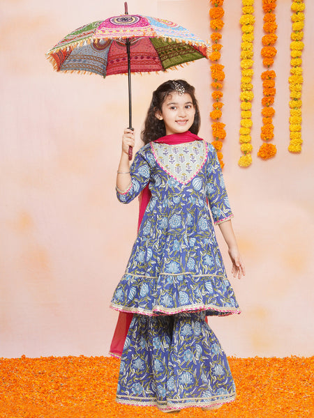 Girls Blue Floral Printed Round- Neck Kurta with Sharara with Dupatta for Kids - Bhama - Distacart