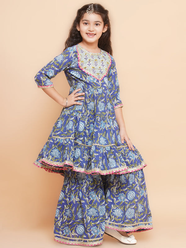 Girls Blue Floral Printed Round- Neck Kurta with Sharara with Dupatta for Kids - Bhama - Distacart