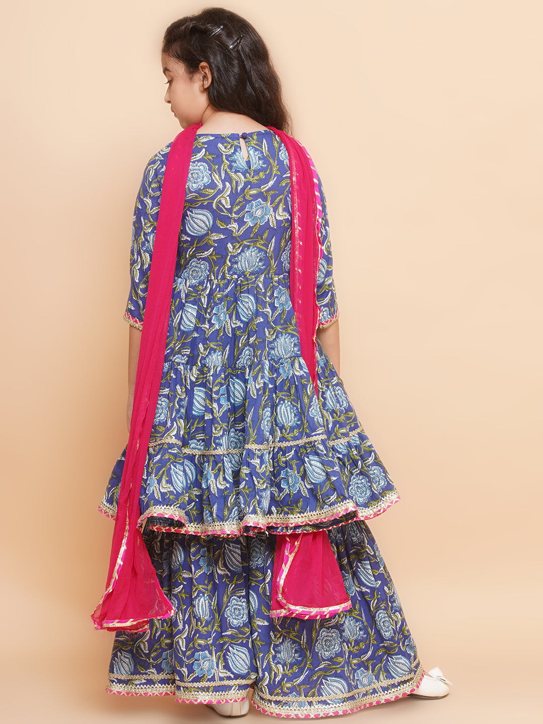Girls Blue Floral Printed Round- Neck Kurta with Sharara with Dupatta for Kids - Bhama - Distacart