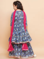 Thumbnail for Girls Blue Floral Printed Round- Neck Kurta with Sharara with Dupatta for Kids - Bhama - Distacart