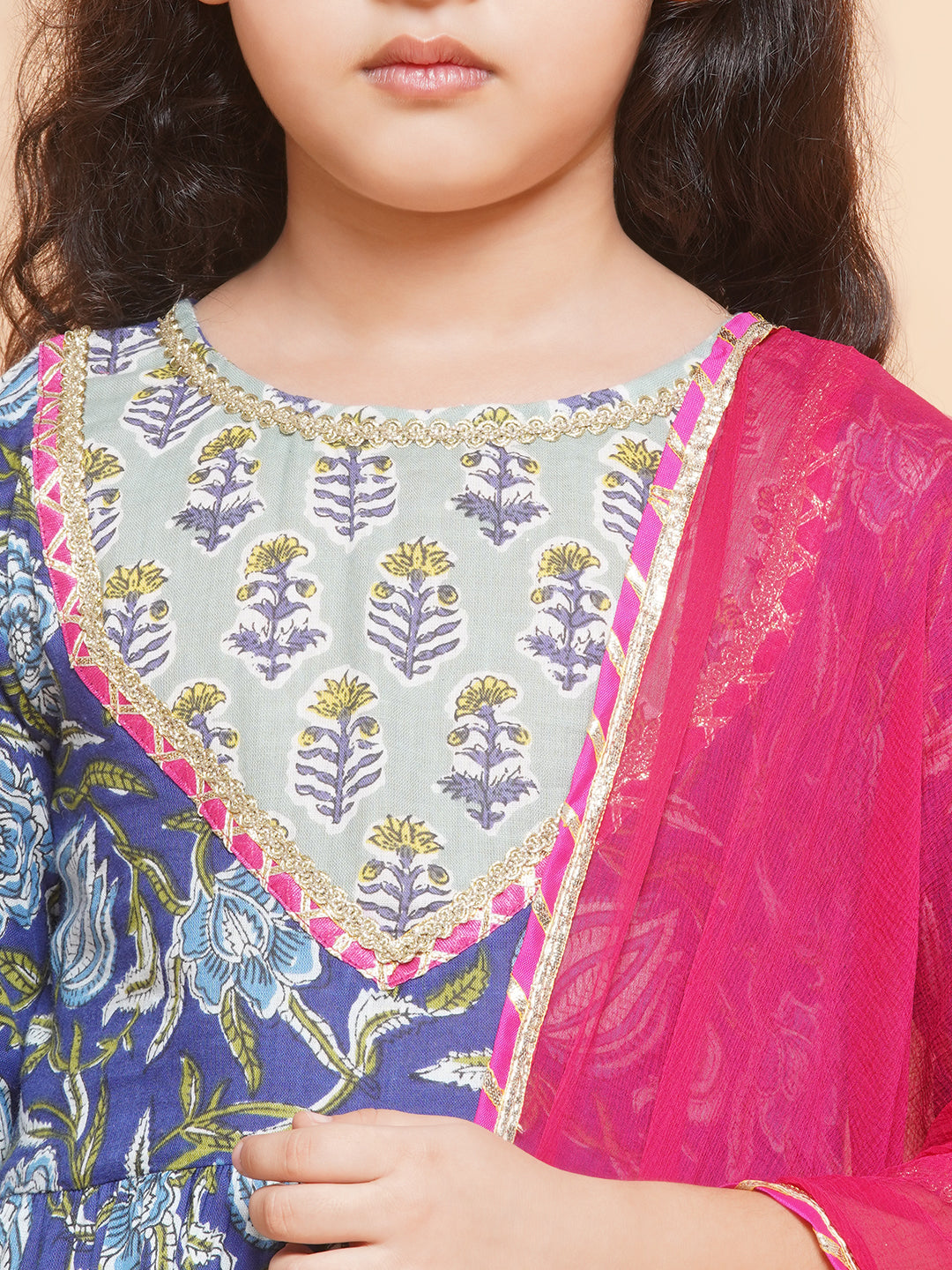 Girls Blue Floral Printed Round- Neck Kurta with Sharara with Dupatta for Kids - Bhama - Distacart