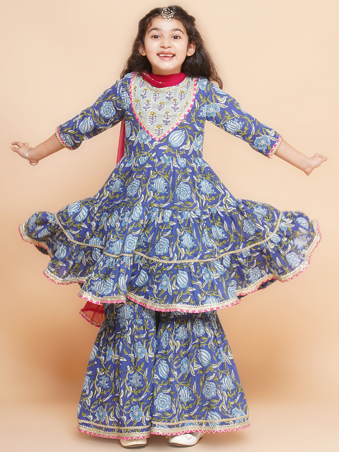 Girls Blue Floral Printed Round- Neck Kurta with Sharara with Dupatta for Kids - Bhama - Distacart