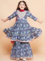 Thumbnail for Girls Blue Floral Printed Round- Neck Kurta with Sharara with Dupatta for Kids - Bhama - Distacart