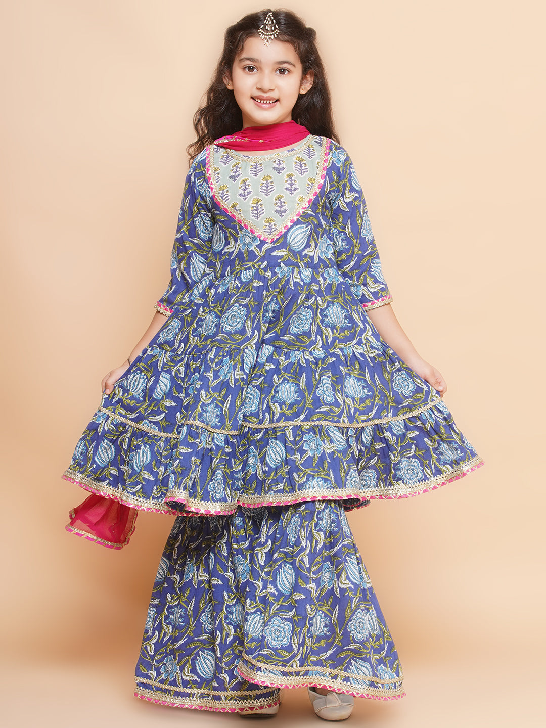 Girls Blue Floral Printed Round- Neck Kurta with Sharara with Dupatta for Kids - Bhama - Distacart