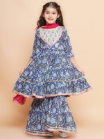 Thumbnail for Girls Blue Floral Printed Round- Neck Kurta with Sharara with Dupatta for Kids - Bhama - Distacart