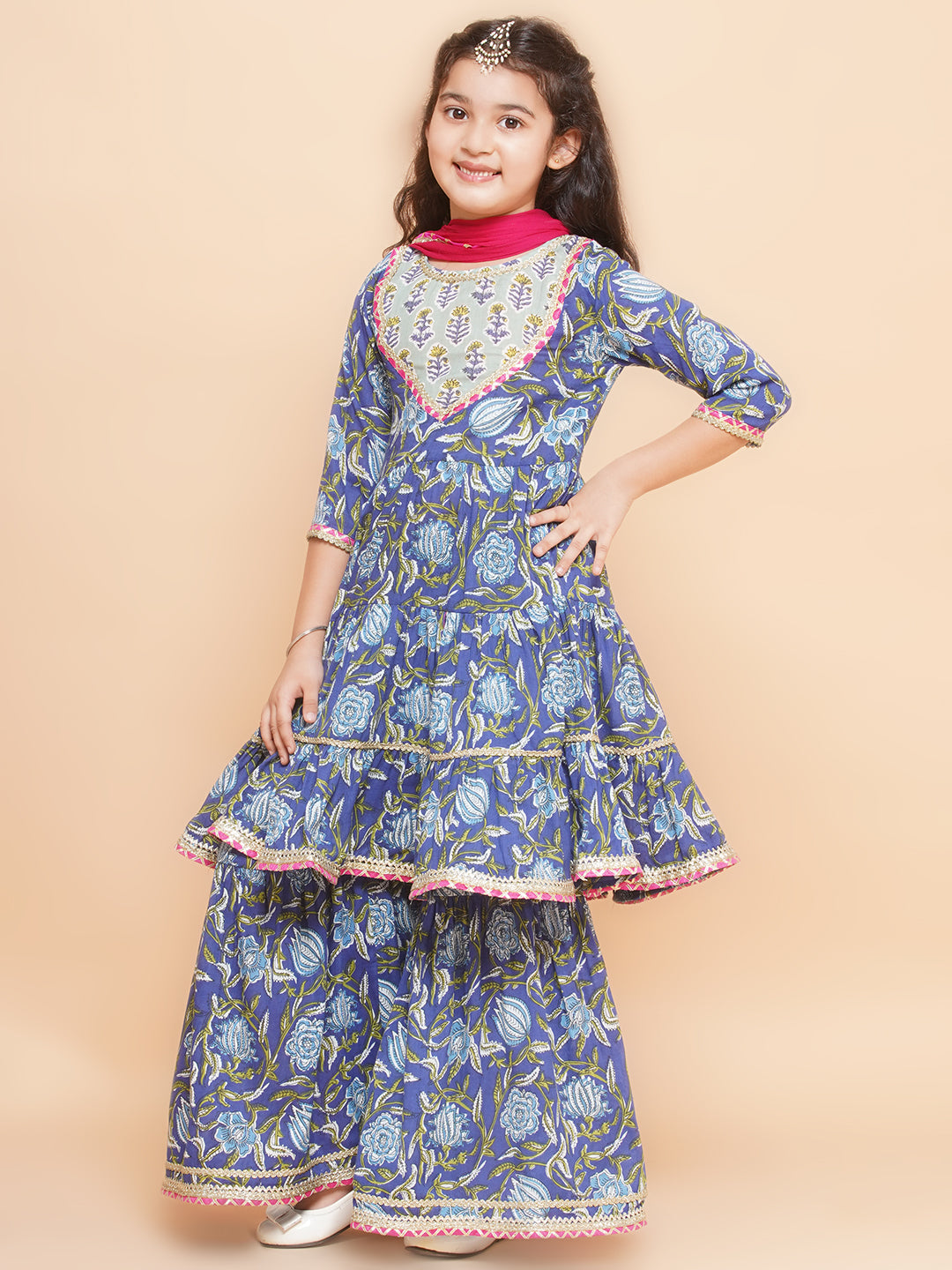 Girls Blue Floral Printed Round- Neck Kurta with Sharara with Dupatta for Kids - Bhama - Distacart