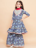 Thumbnail for Girls Blue Floral Printed Round- Neck Kurta with Sharara with Dupatta for Kids - Bhama - Distacart