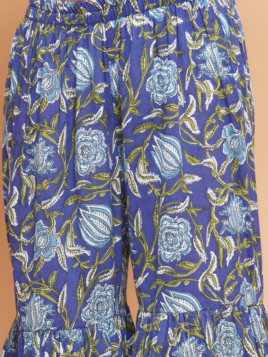 Girls Blue Floral Printed Round- Neck Kurta with Sharara with Dupatta for Kids - Bhama - Distacart