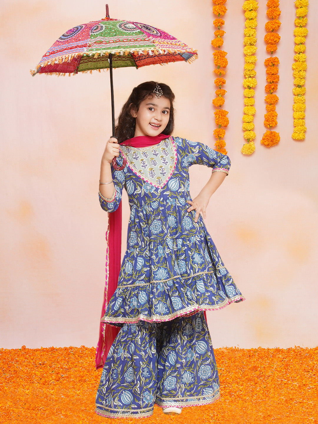 Girls Blue Floral Printed Round- Neck Kurta with Sharara with Dupatta for Kids - Bhama - Distacart